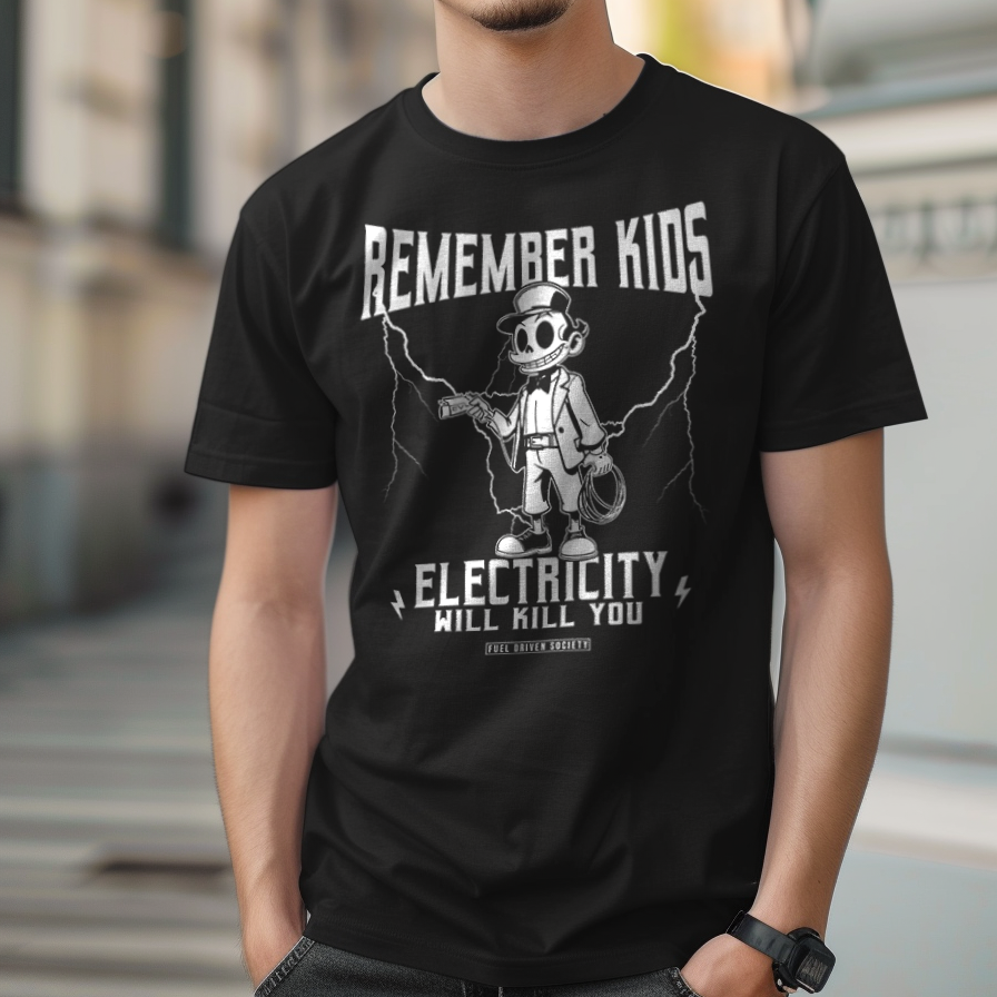 Model wearing Electricity Will Kill You Tee - Gas Over Electric | Funny Car Culture Tee