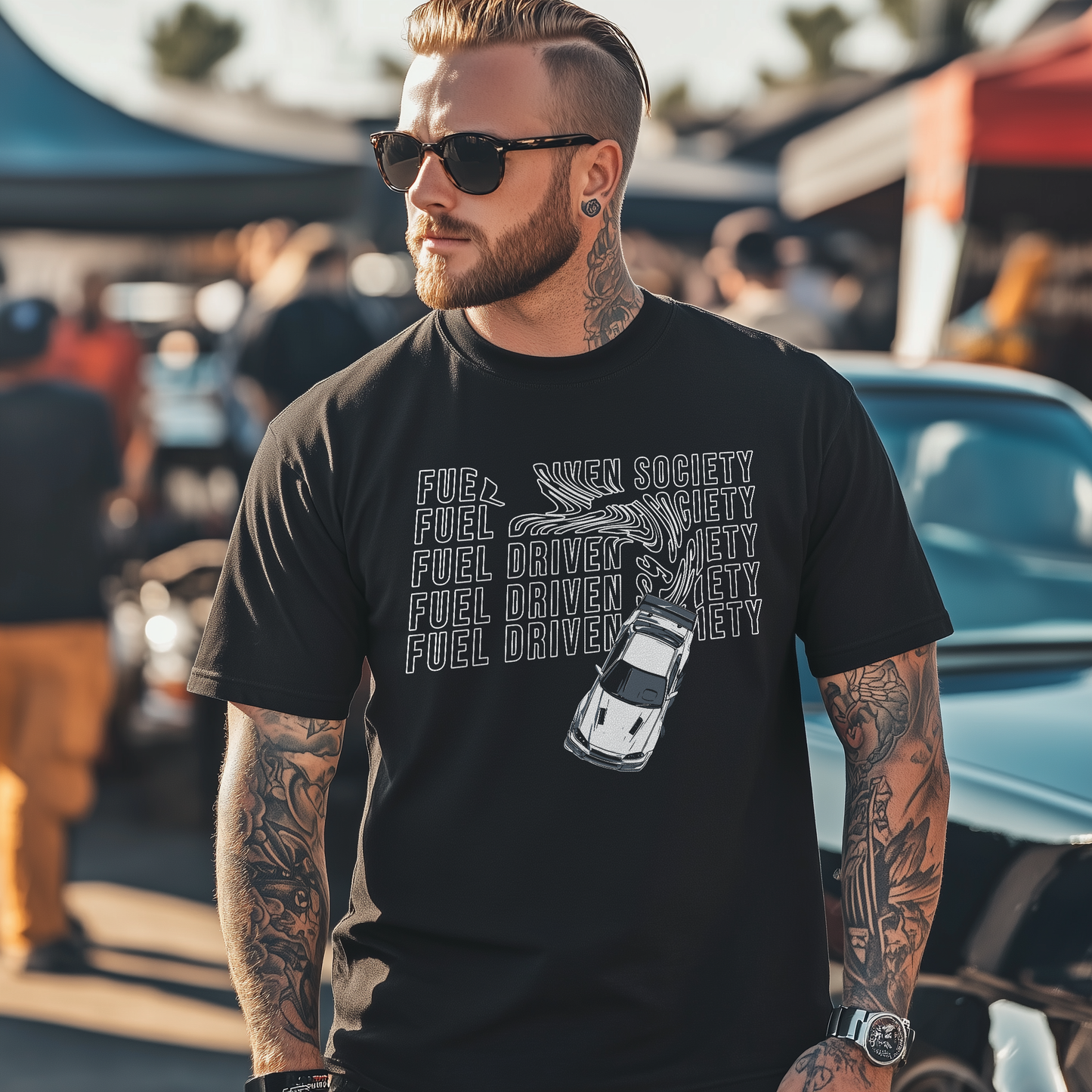 Live mockup of Fuel Driven Society's Drift Master Tee being worn, showcasing the dynamic car culture design in a real-world setting
